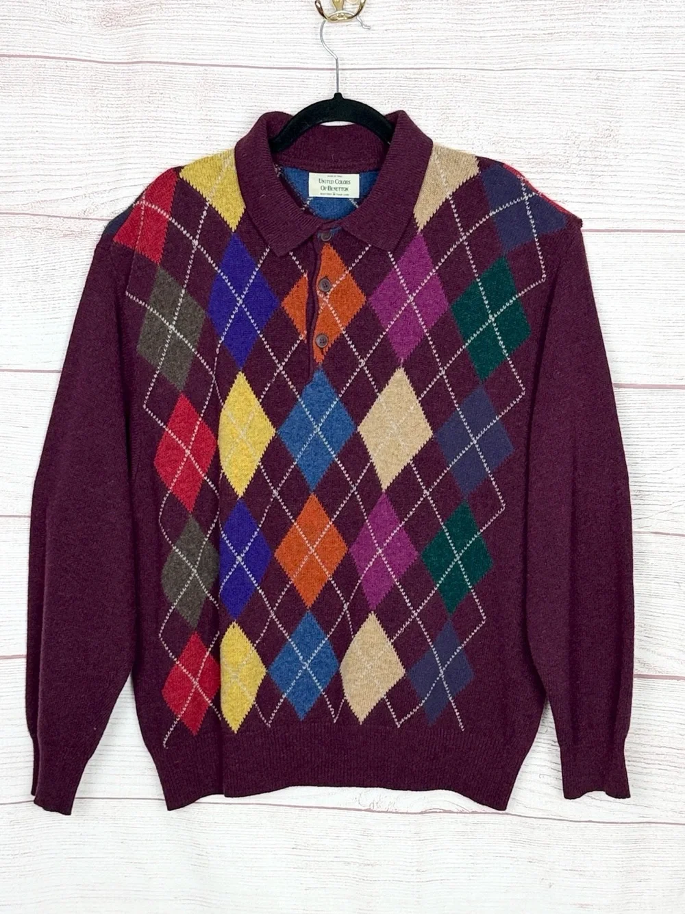 Vintage 1980s Benetton Men’s 52 /L Lambswool Argyle Polo Sweater Made in Italy